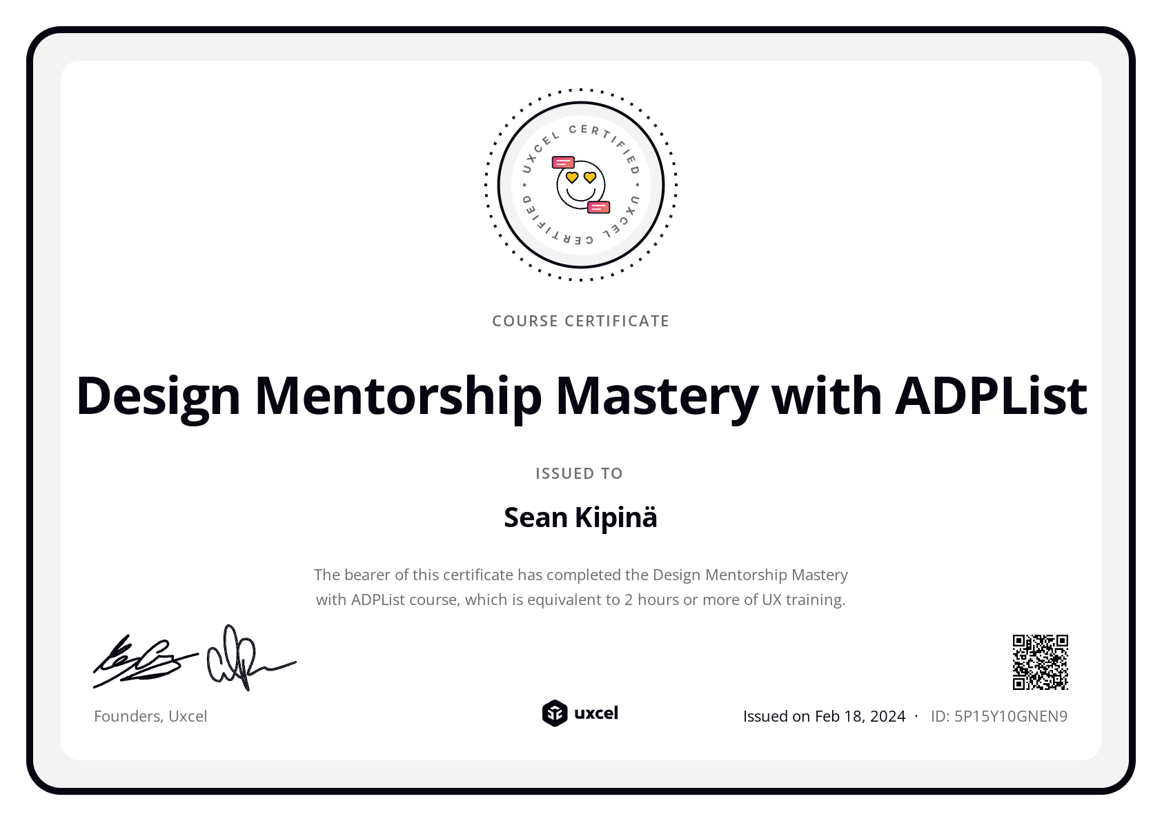 Sean Kipinä's certificate